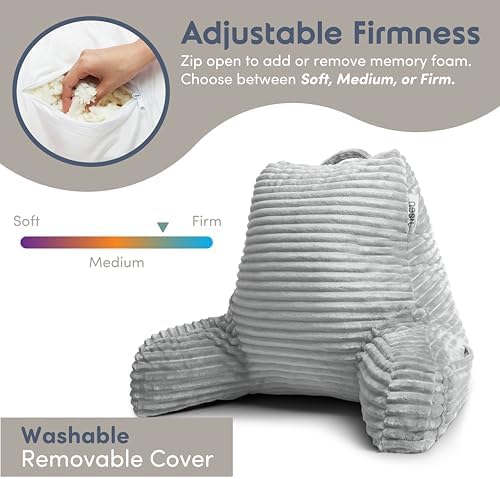 Nestl Reading Pillow with Shredded Memory Foam, Luxe Cut Plush Back Pillow for Sitting Up in Bed, Back and Arms Adjustable Support for Adult & Teens, Backrest Pillows with Washable Cover Light Grey - Image 3