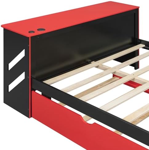Bellemave Full Size Gaming Bed with Desk and USB,Full Bed with Trundle,Wood Platform Bed with Trundle for Girls Boys,Red - Image 7