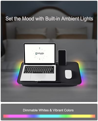 Lap Desk, Portable Laptop Desk with Cushion and Multi-Color Glow, Extra Wide Surface Fits 17” Laptop, Tray for Bed, Sofa, Travel or Car – ISTUDYNITURE (Black, Ambient Colors) - Image 3