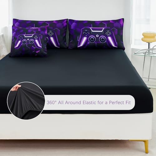 URBONUR 6Pcs Kids Gaming Comforter Set Queen Size for Teen Boy Black Purple - Image 4