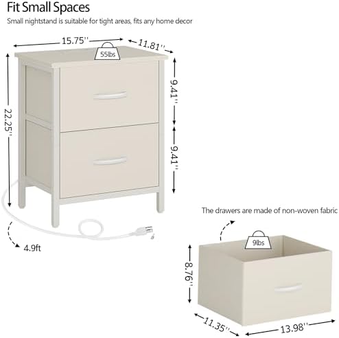 Vagusicc Nightstand with Charging Station, Bedside Table with USB Ports and Outlet, End Table Side Table with 2 Fabric Drawers for Bedroom, Living Room, Beige - Image 3