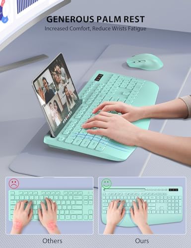 Wireless Keyboard and Mouse Combo - Full-Sized Ergonomic Keyboard with Wrist Rest, Phone Holder, Sleep Mode, Silent 2.4GHz Cordless Keyboard Mouse Combo for Computer, Laptop, PC, Mac, Windows (Green) - Image 2