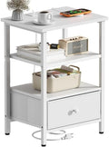 Side Table with Charging Station, Nightstand with Adjustable Fabric Drawer, Bedside Table for Bedrooms, Living Rooms & Home Decor (White) by Tensirock