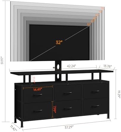 Black TV Stand with Mount for 32/45/55/60/65/75 inch TVs, Entertainment Center with 6 Fabric Drawers & Open Shelf, TV Media Console for Living Room, Bedroom - Image 2