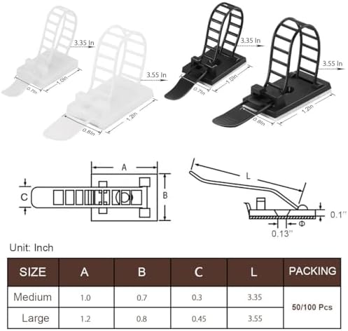 100Pcs Adhesive Cable Management Clips with 50Pcs Zip Ties, Adjustable Nylon Cable Strap Ties Wire Clips Clamps Organizer, Extra Screw & Hole - 3.55 Inch White - Image 7