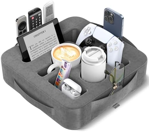 Couch Cup Holder Pillow, Sofa and Bed Caddy for iPad, Kindle, Switch, Game Controller, Remotes, Phones, Small-Sized Cup and Drink Holder for Couch, Bed, Desk, Car, Bathroom Cup Holder, Deep Gray by Unknown