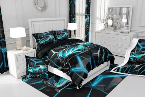 Feelyou Teal Blue Race Car Bedding Set Toddler Size for Kids Boys Extreme Sport Games Comforter Set Teens Toddler Fast and Furious Car Duvet Set Cool Modern Quilt Set 2Pcs - Image 7