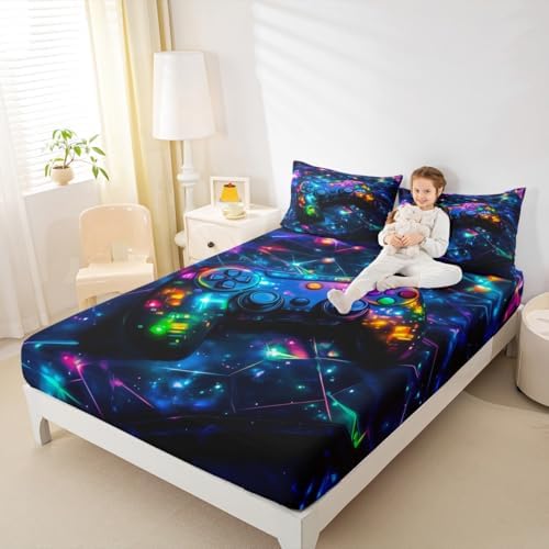 Feelyou Kids Gamer Bed Sheets Set Twin Size, Galaxy Gaming Sheet Set Glitter Game Comforter Cover Boys Girls Gamepad Teens Bedspread Cover Bedroom Decor with 1 Pillow Case - Image 3