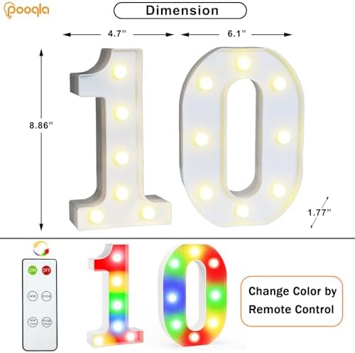 Pooqla 10th Birthday Decoration for Girls Boys, Decorative LED Light Up Numbers, Marquee Numbers 10 Sign for Party Backdrop 10th Wedding Anniversary Decor Gift, Warm White and Colorful Number 10 - Image 6