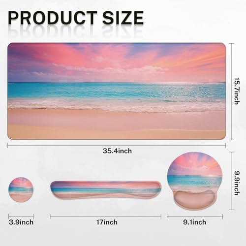 Arttown Keyboard Mouse Pad Set, 4 in 1 Desk Mat Set Beach Ocean Turquoise - Image 2