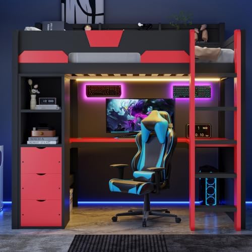 Merax Twin Size Wood Gaming Loft Bed with U-Shaped Desk, Lights & USB Ports - Image 3