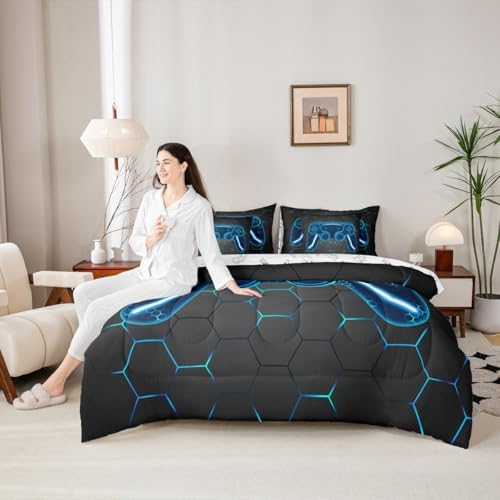 Feelyou Gamer Comforter Set with Sheets for Kids Boys Teens Game Controller Bed in a Bag Gaming Gifts 7 Piece Bedding Set Queen Size for All Season,Blue Bed Set - Image 6