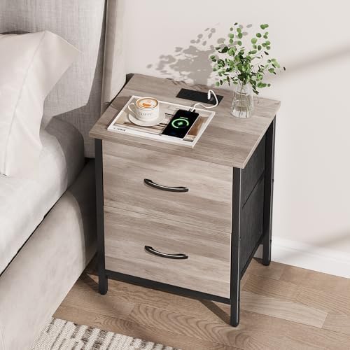Vagusicc Nightstand with Charging Station, Bedside Table with USB Ports and Outlet, End Table Side Table with 2 Fabric Drawers for Bedroom, Living Room, Greige - Image 6