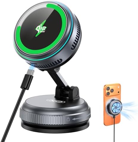 Qi2.2 Magnetic Car Mount Charger【25W Fast Charging+Ice-Cooling】 360° Rotating Fast Wireless Charger Stand with Cooling Fan/LED Light,Vacuum Magnetic Phone Holder Compatible with iPhone 12-17, S26/S25 by XOSimpleisBeauty