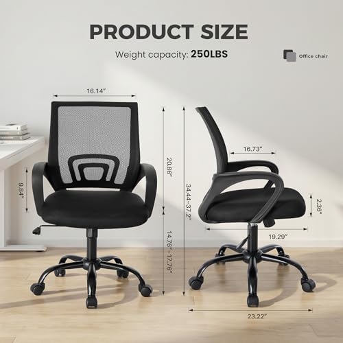 DUMOS Ergonomic Office Chair, Mid-Back Executive Desk Chair 2 Pack | Comfortable Lumbar Support, Breathable Backrest, Fixed Armrest, Height Adjustable, 360° Swivel, Computer Gaming, Black - Image 2