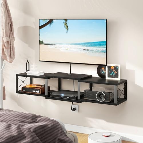 IBUYKE Floating TV Stand with Power Outlet,Wall-Mounted Floating Stand for TVs up to 55",Metal Wall Entertainment Center,Wall Mounted TV Shelf with Storage for Living Room Bedroom,Black UWST011B - Image 3