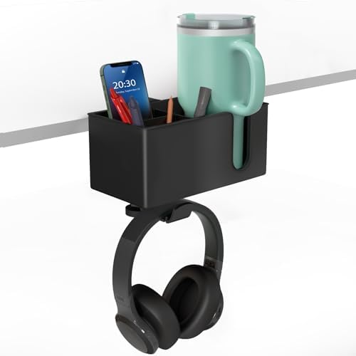OOKUU 4-in-1 Desk Organizer- Large Desk Cup Holder Clamp with Headphone Stand, Pencil Holder and Phone Stand - Detachable, Rotating Hanger, Office & PC Gaming Accessories for Cup, Phone and Pen by OOKUU