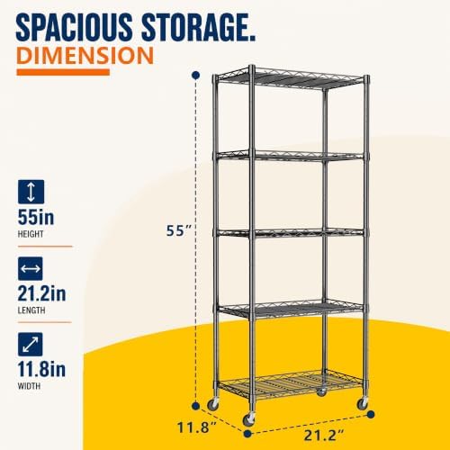 REGILLER 5-Wire Shelving Metal Storage Rack Adjustable Shelves,Standing Storage Shelf Units for Laundry Bathroom Kitchen Pantry Closet(Black,11.8" D x 21.2" W x 55" H,With Wheels) - Image 3
