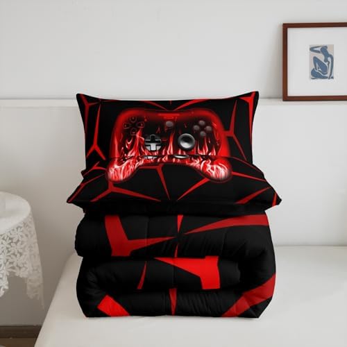 Feelyou Boys Gamer Comforter Set,3D Gaming Bedding Set Full Size for Kids Boys Bedroom Room Decor,Red and Black Video Game Comforter,Geometric Gaming Bed Set All Season for Game Lovers - Image 5