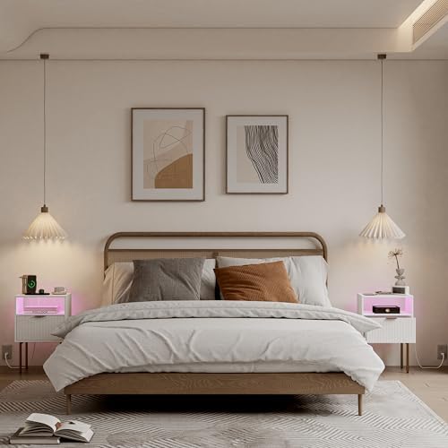 Modern Nightstand with Charging Station and LED Lights, White Bedside Table with Drawer, Fluted Side Table for Living Room, Bedroom - Image 5