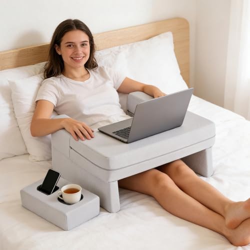 Sweetcrispy Ergonomic Lap Desk with Cup Holder & Reading Pillow, Grey - Image 3