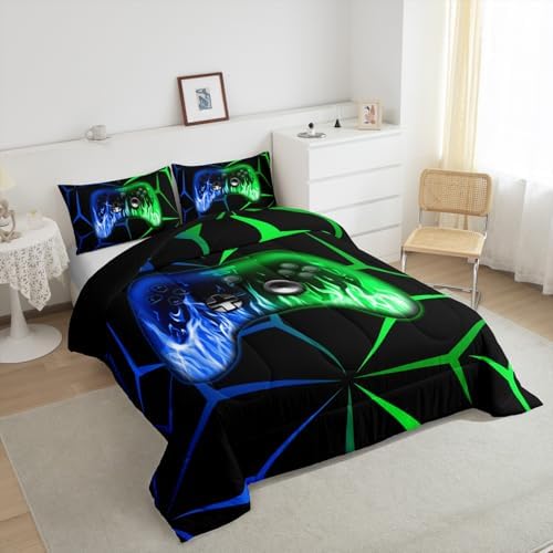 Feelyou Gamer Comforter Set for Kids Boys,3D Video Gaming Bedding Set King Size,Teens Bedroom Room Decor,Green and Blue Game Contoller Comforter,Geometric Game Bed Set All Season for Game Lovers - Image 4