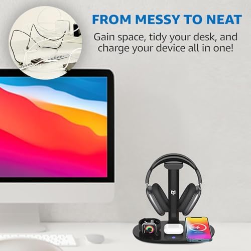 4 in 1 Wireless Charger with Headphone Stand Headset Holder & Station Dock for Apple Watch, AirPods Max/Pro/Pro 2/AirPods 4/ iPhone 16/15/14/13/12 LG, Samsung Galaxy - Image 4
