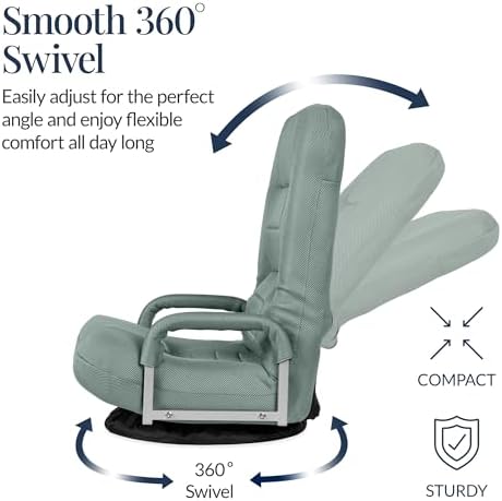 Best Choice Products Swivel Gaming Chair 360 Degree Multipurpose Floor Chair Rocker for TV, Reading, Playing Video Games w/Lumbar Support, Armrest Handles, Adjustable Foldable Backrest - Sage Green - Image 6
