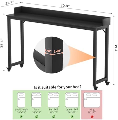 Arlopu Overbed Table with 360° Wheels, Queen Size Mobile Bed Desk, Black - Image 2