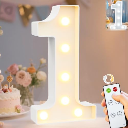 Pooqla LED Light Up Numbers, Marquee Number with Remote for 1st Birthday Decoration, Lighted Numbers Gift for Boys Girls Party Backdrop Wedding Anniversary Decor, Warm White and Cool White Number 1 by Pooqla