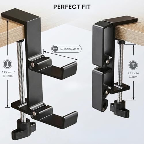 Under Desk Headphone Hanger with Dual Folding Hooks, Anti-Accidental Touch Design, Aluminum Alloy Clamp Mount, Space-Saving Anti-Accidental Touch Under Desk Clamp for PC Gaming Headsets, Office Desk - Image 3