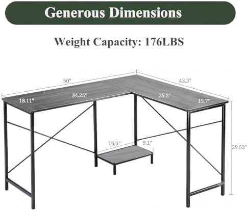 L Shaped Desk, 50 Inch Reversible Computer Desk Corner Gaming Table with CPU Stand, Sturdy Metal Frame PC Workstation for Home Office - Image 3