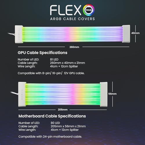 TECWARE Flex RGB Cable Cover Kit | Compatible with 24-Pin Motherboard and 8-Pin/16-Pin GPU | ARGB PSU Cable Extension with 5V 3-Pin Sync | RGB Lighting Kit for PC Cables | White - Image 5