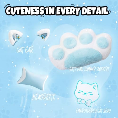 Cute Ergonomic Gaming Chair with Footrest, Girls Blue Gaming Chair with Cat Ears & Paw Lumbar Pillow for Adults Women Teens, 310 Lbs Capacity (Cute Blue) - Image 7