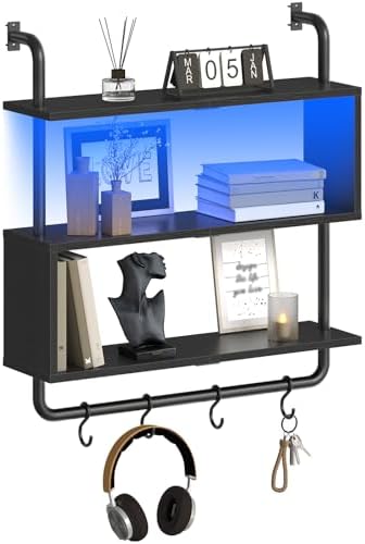 HOOBRO Floating Shelves with LED Lights, 29.5" LED Wall Mounted Gaming Shelf, 3-Tier Pipe Display Rack with Hanging Rod and 4 S-Hooks, for Storage Livingroom, Bedroom, Kitchen, Black BB21DBJ01 by HOOBRO