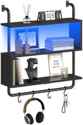 HOOBRO Floating Shelves with LED Lights, 29.5" LED Wall Mounted Gaming Shelf, 3-Tier Pipe Display Rack with Hanging Rod and 4 S-Hooks, for Storage Livingroom, Bedroom, Kitchen, Black BB21DBJ01 by HOOBRO