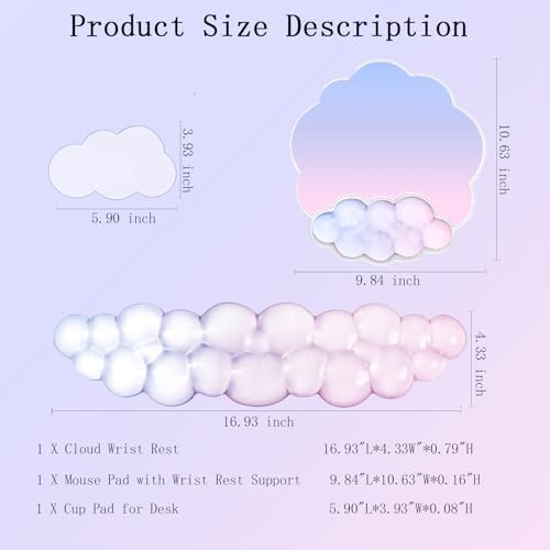 Gel Cloud Wrist Rest Keyboard Clear Mouse Pad with Wrist Rest Set 3PCS Ergonomic Acrylic Coaster Non-Slip Base Cute Transparent Cool Wrist Pad for Keyboard and Mouse Computer Gradient Pink Blue - Image 4
