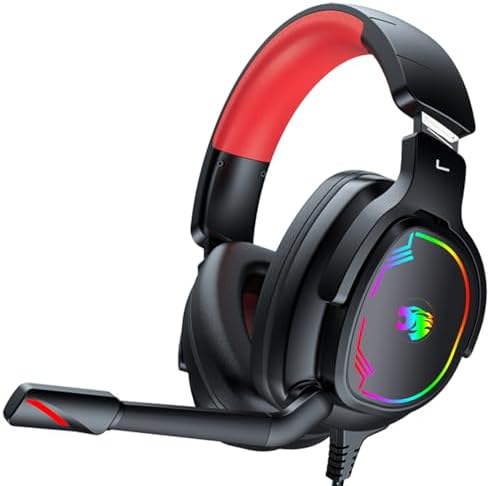 Jimonyer Gaming Headset with Microphone, 7.1 Surround Sound and Noise Canceling Over Ear Headphones for PC, PS4, PS5,Xbox Series,Switch, RGB Light and Soft Imitation Protein Earmuffs (Red) by Jimonyer
