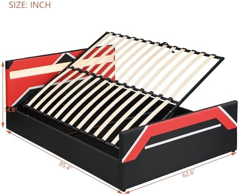 Merax Queen Size Gaming Bed with Built-in 7-Color LED Lighting Headboard, Side-Lift Hydraulic Storage Platform Bed, Cyberpunk Style, No Box Spring Needed, Black+Red - Image 2