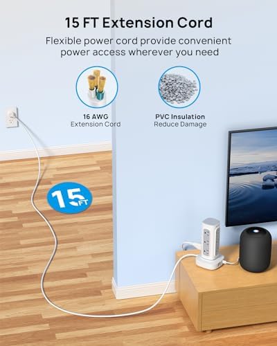 TROND Space-Saving Surge Protector Power Strip Tower, Extension Cord 15 ft - Image 4