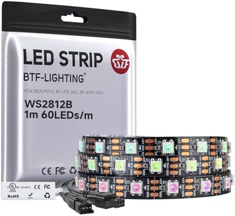 BTF-LIGHTING WS2812B IC RGB LED Strip,UL Listed,Pure Gold Wires,DC5V 3.28FT 60LED 5050SMD,Individually Addressable,Flexible for DIY Chasing Full Color Project,3M Tape,IP30(No Adapter or Controller) by BTF-LIGHTING