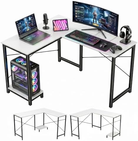 L Shaped Desk Computer Desk, 50inch White Gaming Desk with CPU Stand by SageNest