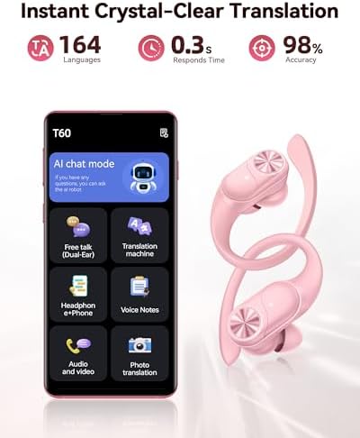 PocBuds Bluetooth Headphones Wireless Earbuds 80hrs Playtime Wireless Charging Case Digital Display Sports Ear Buds with Earhook Deep Bass IPX7 Waterproof Over-Ear Earphones for TV Phone Laptop Pink - Image 4