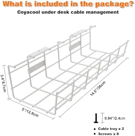 Under Desk Cable Management- 1 Pack Cord Organizer. Metal Wire Cable Management Tray for Office, Studio and Home. Super Sturdy Under Table Cable Management - White Cable Organizer - Image 2