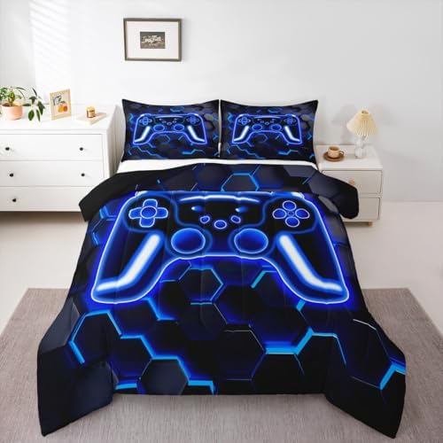 Erosebridal Gaming Comforter Set Neon Honeycomb Gamer Girl Toddler Bedding Set, Retro Game Console Comforter Blue Hexagon Lights Quilt,Gamer Room Decor for Boys - Image 6