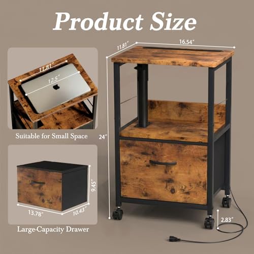 Faesun Swivel Lift Top Nightstand, Rolling Side Table for Recliner, Bedside Table with Wheels & a Fabric Drawer, for Small Spaces, for Bedroom, Living Room, Brown - Image 3