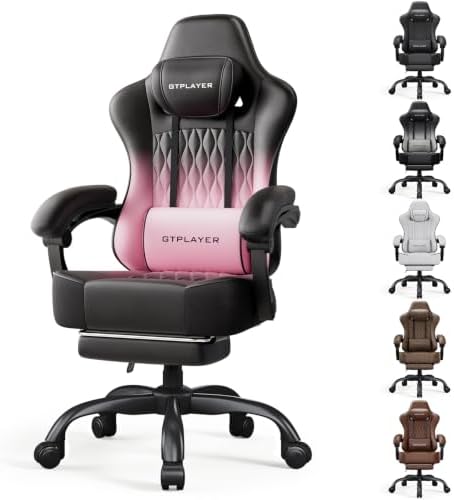 GTPLAYER Big and Tall Gaming Chair with Footrest, Ergonomic Office Desk Chair with 4.4in Thick Cushion and Wide Wingless Seat, Comfortable Leather Computer Chair, Predator Series, Pink Gradient by GTPLAYER
