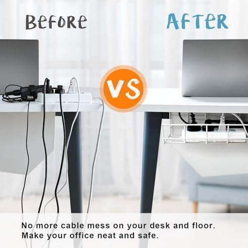 Under Desk Cable Management- 1 Pack Cord Organizer. Metal Wire Cable Management Tray for Office, Studio and Home. Super Sturdy Under Table Cable Management - White Cable Organizer - Image 4