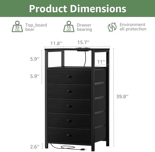 BOLUO Black Dresser with 5 Drawers Tall Nightstand with Charging Station and LED Light, Bedside Table Room Storage Drawers Closet - Image 3