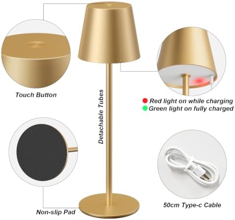 Kakanuo Cordless Table Lamp Rechargeable Gold - 4 Pack Battery Operated Lamp for Dining Table, 3 Color Stepless Dimming Wireless Lamp for Counter, Outdoor Patio, Touch Control - Image 5